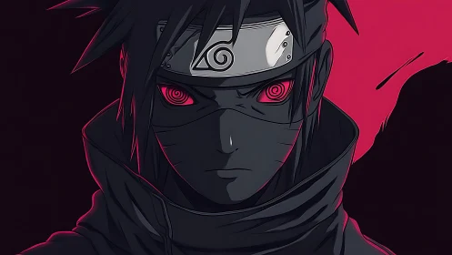 Scarlet-eyed masked ninja ignites the shadows with silence.