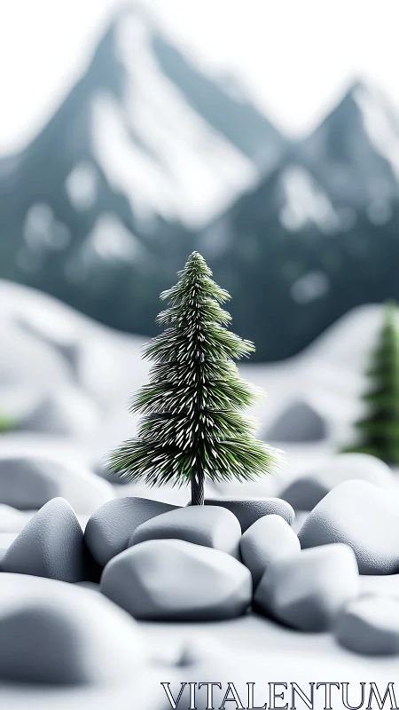 Isolated conifer micro-landscape in stylized alpine depth of field.