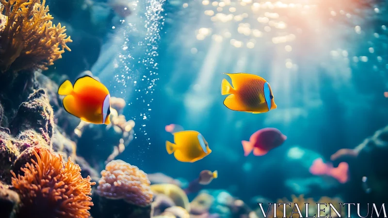 Sunlit tropical reef fish glide through glowing blue water.