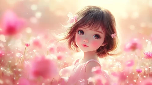 Petal-bright daydream girl adrift in rosy spring haze.