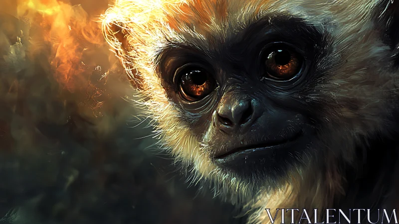 Gentle ember-eyed monkey sharing a quiet, glowing moment.
