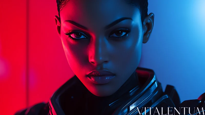 Futuristic soldier portrait under red and blue lighting.