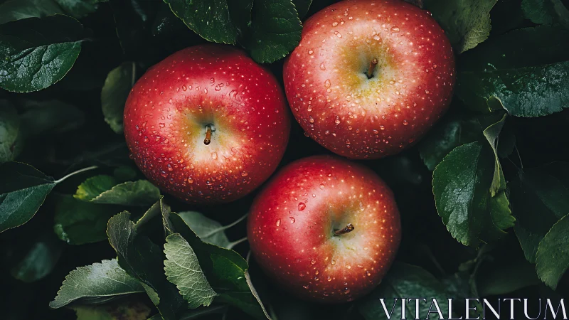 Three ruby apples whisper quietly in a cradle of leaves
