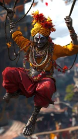 Dynamic rope-swinging festival performer in vivid regalia.
