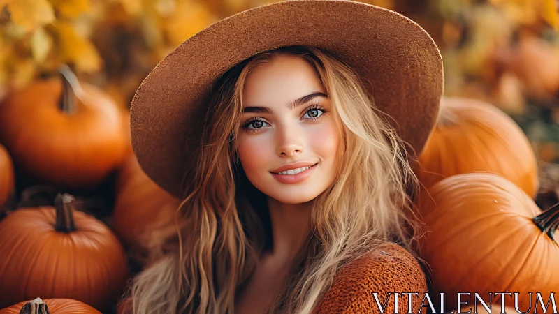 Smiling woman in hat surrounded by bright orange pumpkins.