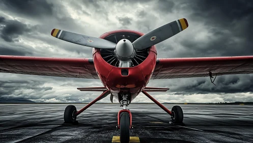 Red taildragger aircraft nose view on stormy wet tarmac