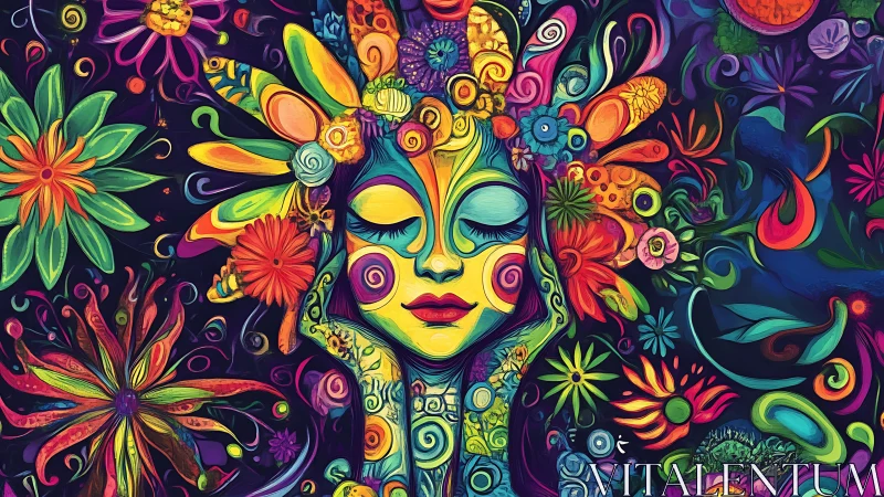 Colorful dreamer surrounded by joyful swirling flowers.