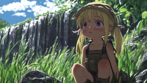 Pensive anime girl rests by a sunlit forest waterfall