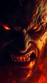 Fiery demon face glowing with rage in dramatic close-up.