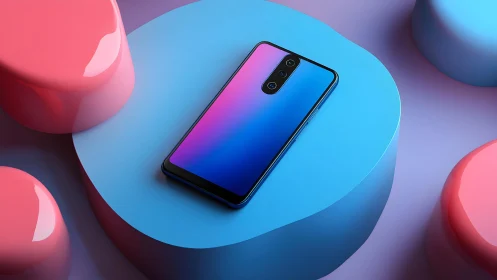 Modern smartphone with gradient back on colorful abstract shapes.