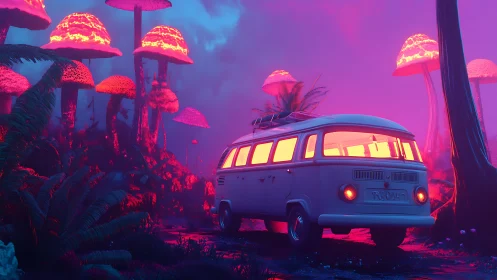 Retro van is parked in neon forest with oversized fungi