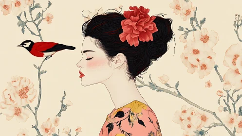 Silent profile listens as red bird threads through blossoms