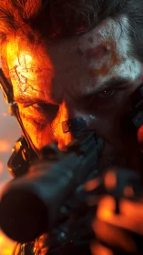 Smoldering cybernetic marksman under blazing orange glare.