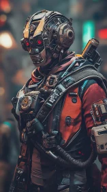 Cybernetic scout in neon alleyway with red-lens gaze.