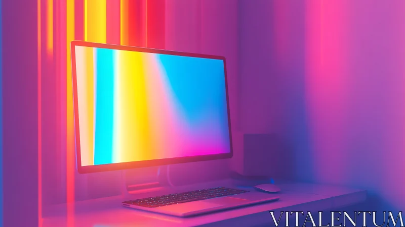 Colorful desktop glow brightens a cozy creative workspace.
