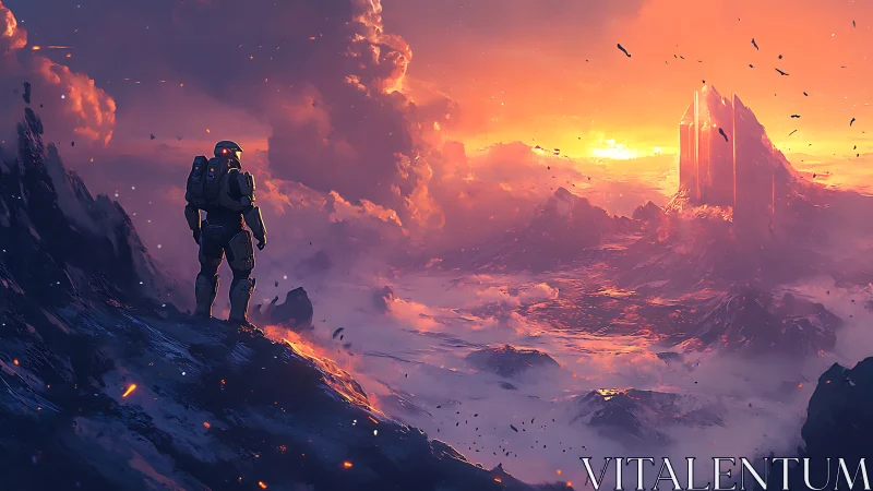 Lone space traveler gazes toward a blazing crystal horizon.