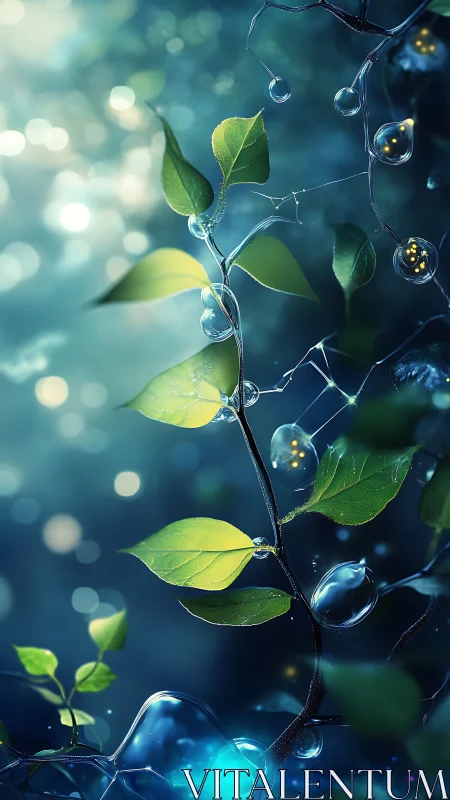 Green leaves with water droplets in soft blue bokeh light.