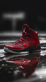 Red athletic sneaker on wet reflective surface outdoors.