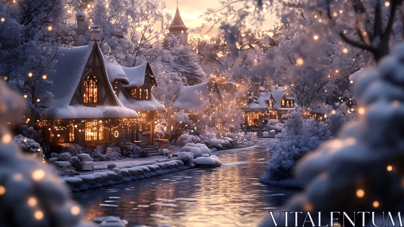 Snowy riverside cottages with warm evening lights.