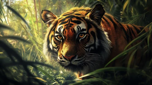 Bengal tiger moving through dense green forest understory.