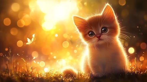 Orange kitten sits in glowing backlit field at sunset