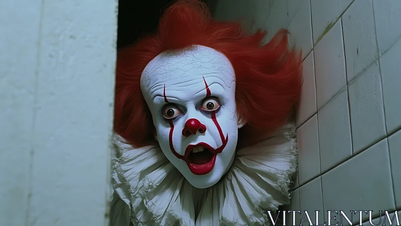 Creepy red haired clown peeking from a narrow tiled corner.