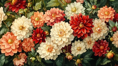 Layered Dahlia Flowers with Warm Color Palette and Dark Green Foliage