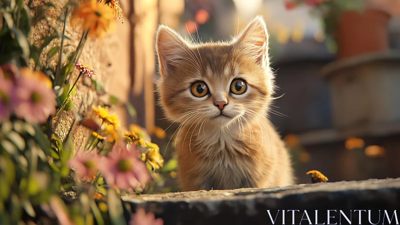 Fluffy Kitten with Amber Eyes Among Garden Flowers