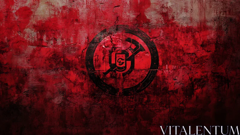 Grungy red wall shows dark circular emblem at center.