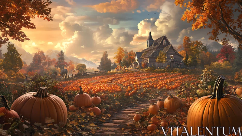 Autumn pumpkin field with farmhouse under cloudy sunset sky.