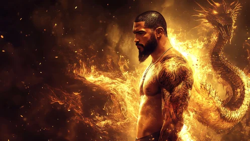 Tattooed warrior in fiery dragon aura with molten embers