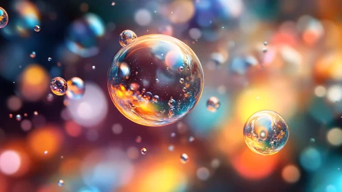 Soap bubbles float sharply against defocused colored lights