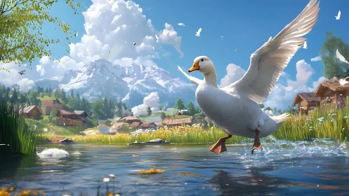 Galloping goose skims a mountain village pond in sunlight