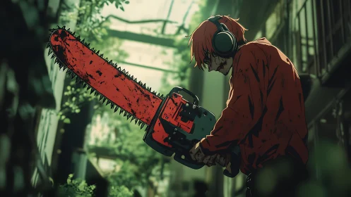 Bloodstained anime hunter grips roaring chainsaw in alley
