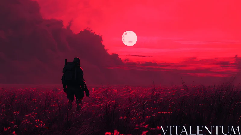 Lone soldier under crimson moon on surreal battlefield horizon.