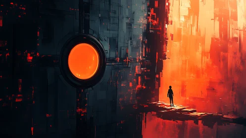 Lone figure faces glowing portal in vast sci fi void.