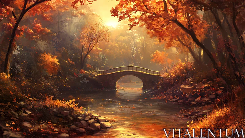 Autumn river bridge framed by luminous backlit foliage glow