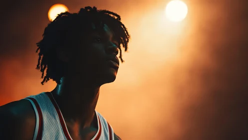 Contemplative basketball player under dramatic arena lights.