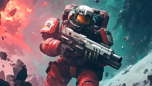 Bold space marine strides through chaos on a shattered world