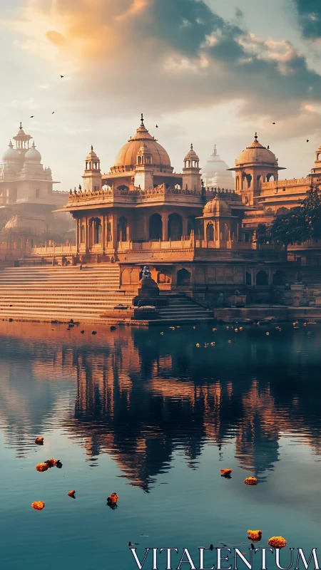 Sunlit domed palace reflected in tranquil lakeside waters.