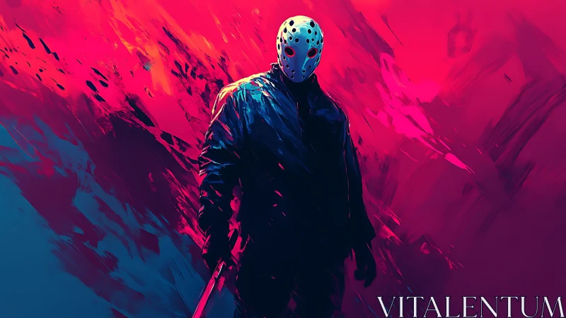 Mysterious masked figure in neon storm of bold color contrasts.