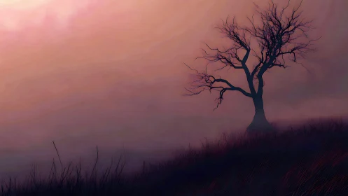 Quiet lone tree welcomes dusk across a gentle misty hill