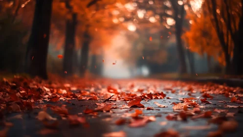 Fallen autumn leaves glow softly along a tranquil forest path