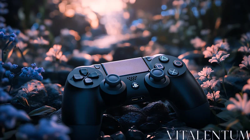 Game controller rests softly in a dreamy forest glow