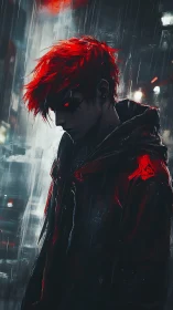 Neon storm wanderer with ember hair in rain-soaked night.