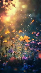 Wildflower meadow glows under warm dusk light and fireflies