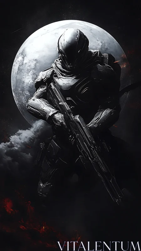 Armored sci fi soldier with rifle before large lunar backdrop.