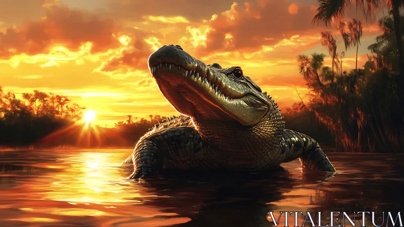 Photoreal alligator emerging in golden sunset wetland water