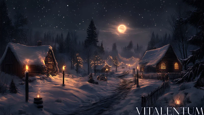 Winter village lane under moonlit sky and warm lantern glow.