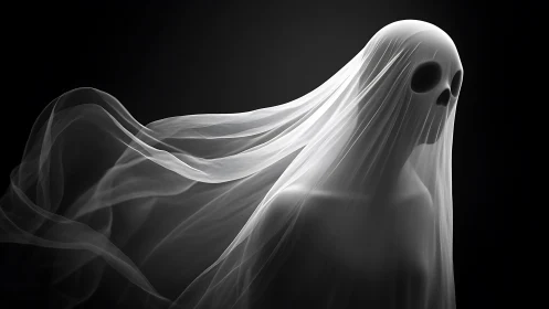 Ghostly shrouded figure emerges in flowing white veil.